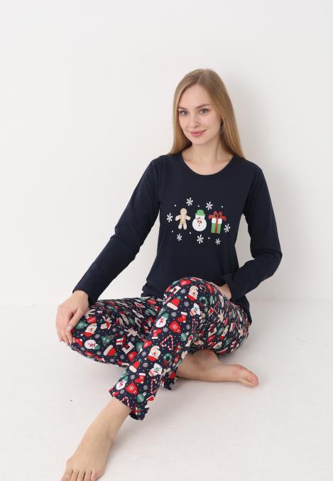 Pijama dama Craciun,maneca lunga si pantaloni lungi,imprimeu figurine festive, En-gros